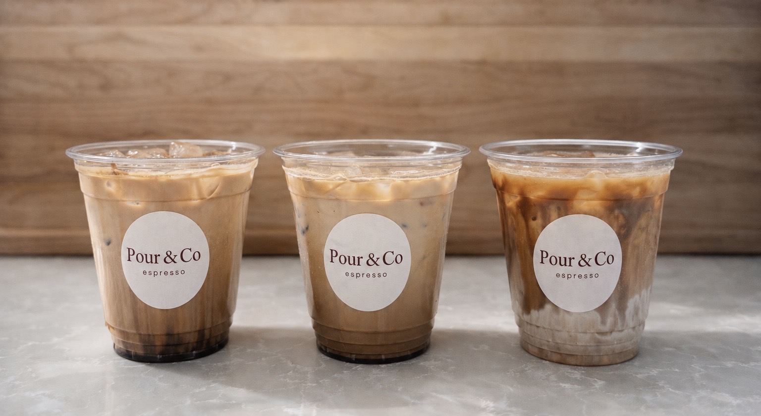 Three Pour & Co iced espresso drinks side by side